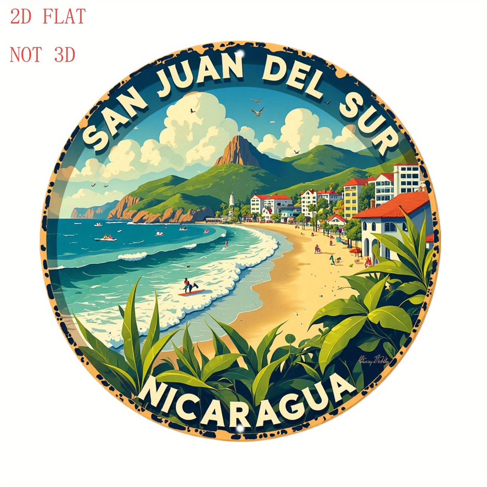 1pc San Juan del Sur Nicaragua Beach Nicaragua Surf & Palm Tree Metal Wall Art - 8-Inch Round Nicaragua Flag-Inspired Sign for C
