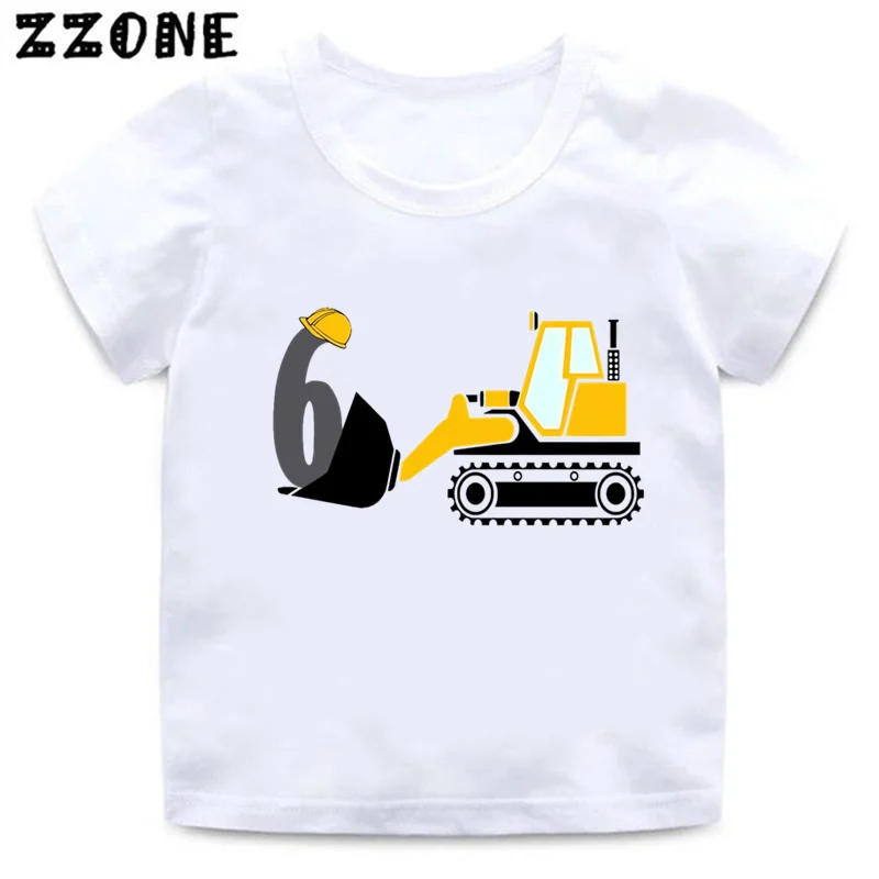 Excavator Car Print Cartoon Boys Clothes 1 2 3 4 5 6 7 8 9 Years Happy Birthday Number Kids T shirt Funny Baby Girls T-Shirts