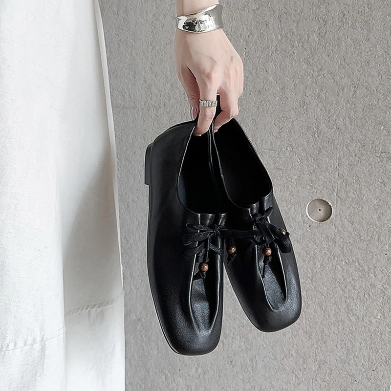 

НОВЫЕ весенне-осенние женские туфли-лодочки из натуральной кожи, женские туфли на низком каблуке с квадратным носком, лаконичная мягкая удобная повседневная обувь на шнуровке