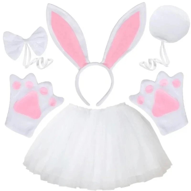 Women Girls Plush Animal Easter Bunny Ear Headband Tail Bow Skirt Birthday Party Baby Shower Halloween Rabbit Cosplay Costume