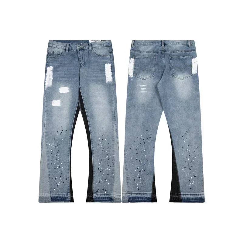 

American retro washed letter spliced denim trousers high street trendy brand couple loose straight micro-flared long trousers
