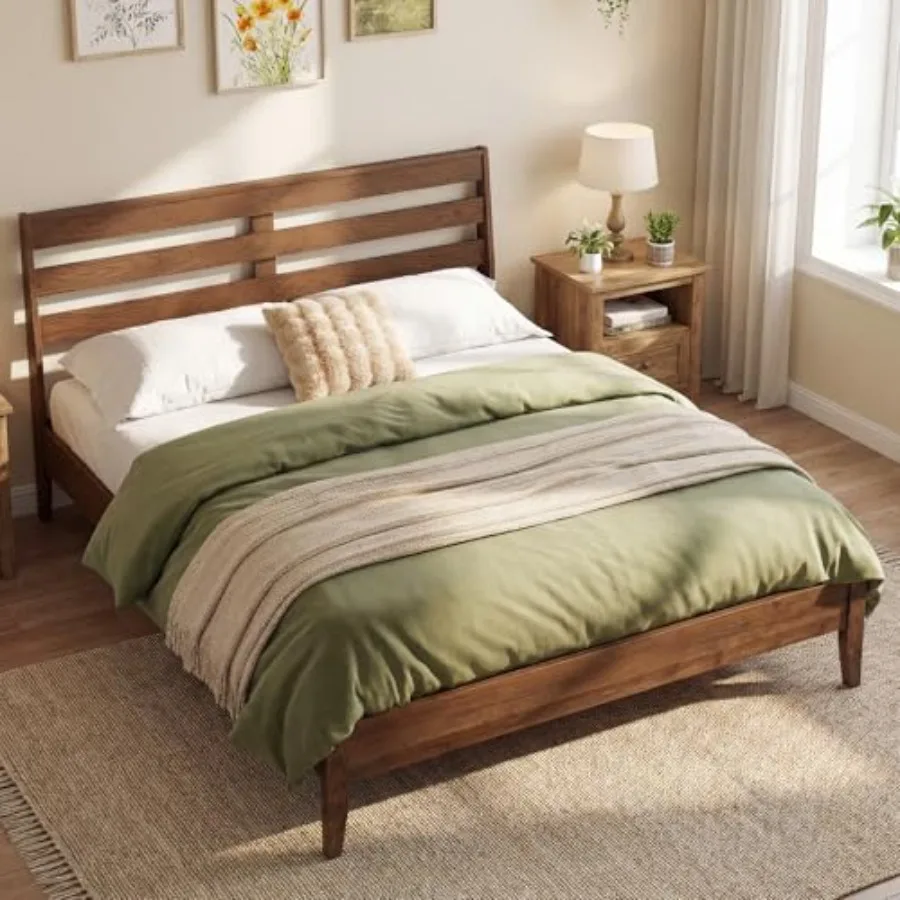 

Queen Size Rubber Wood Bed Frame with Headboard Mid-Century Platform Bed Frame with Wooden Slats Support and Under-Bed Storage