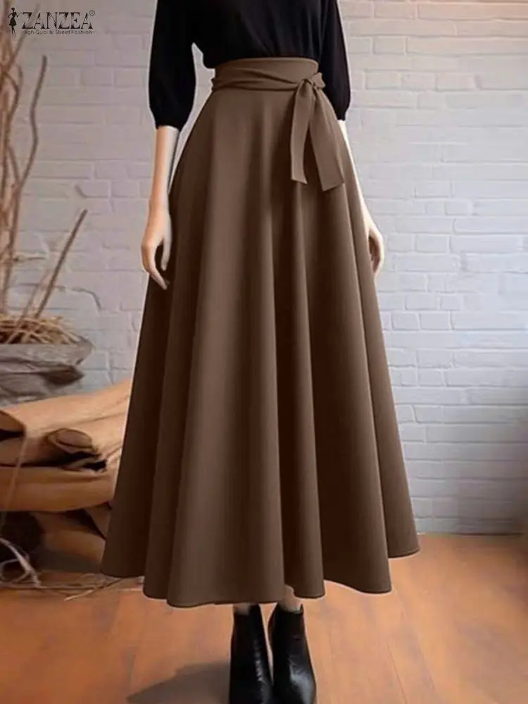

ZANZEA Winter Elegant Maxi Skirts Women Elastic Waist Jupes Casual Faldas Saia Belted 2025 Autumn High Waist Fashion Overskirts