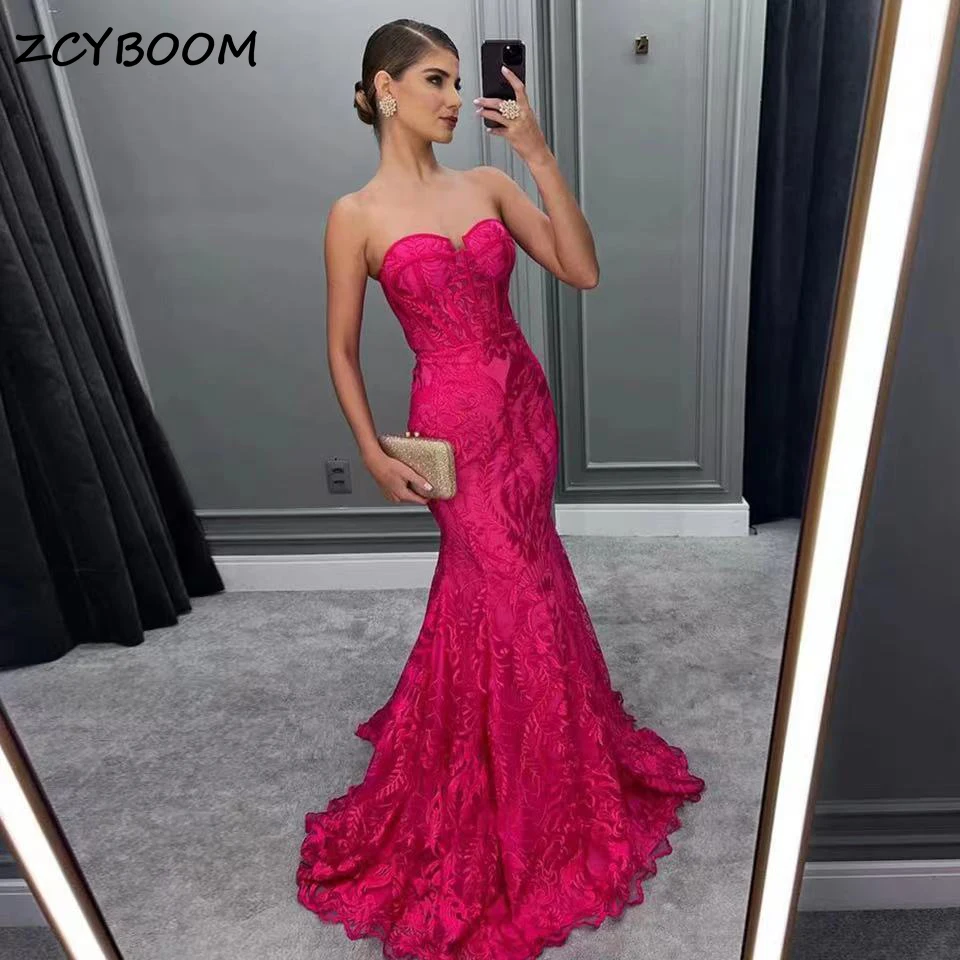 Customized Elegant Fuchsia Lace Appliques Mermaid Evening Dress 2024 Sexy Hot Pink Long Women Party Prom Gowns Vestidos De Noche