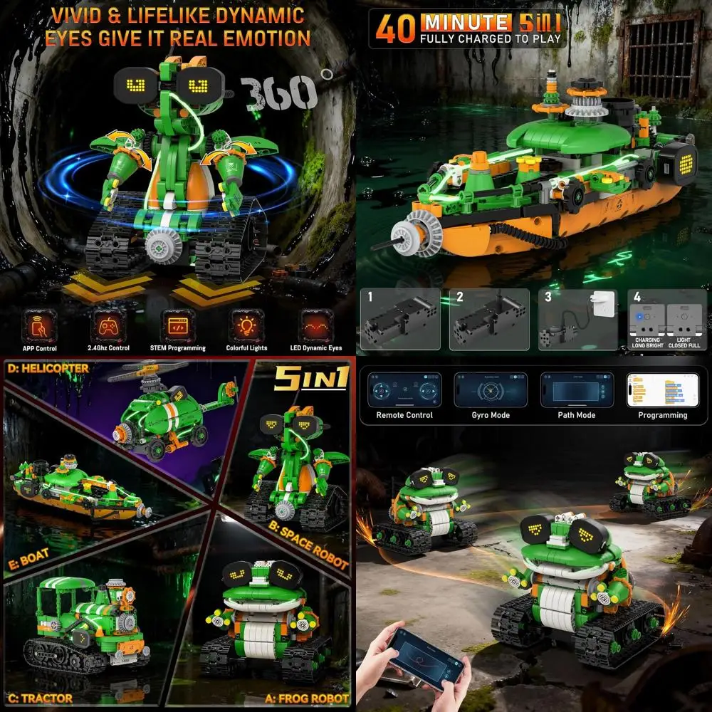

6-12 Year Old STEM Robot Building Kit: 5-in-1 App & Remote Control Tractor Frog Construction Set, 732-Piece Educational Toy for