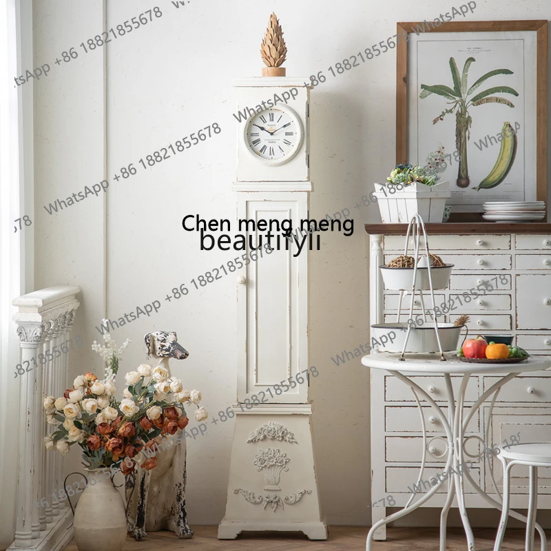 

French Retro White Floor Clock Standing Storage Cabinet Balcony Living Room Decoration Display Cabinet H