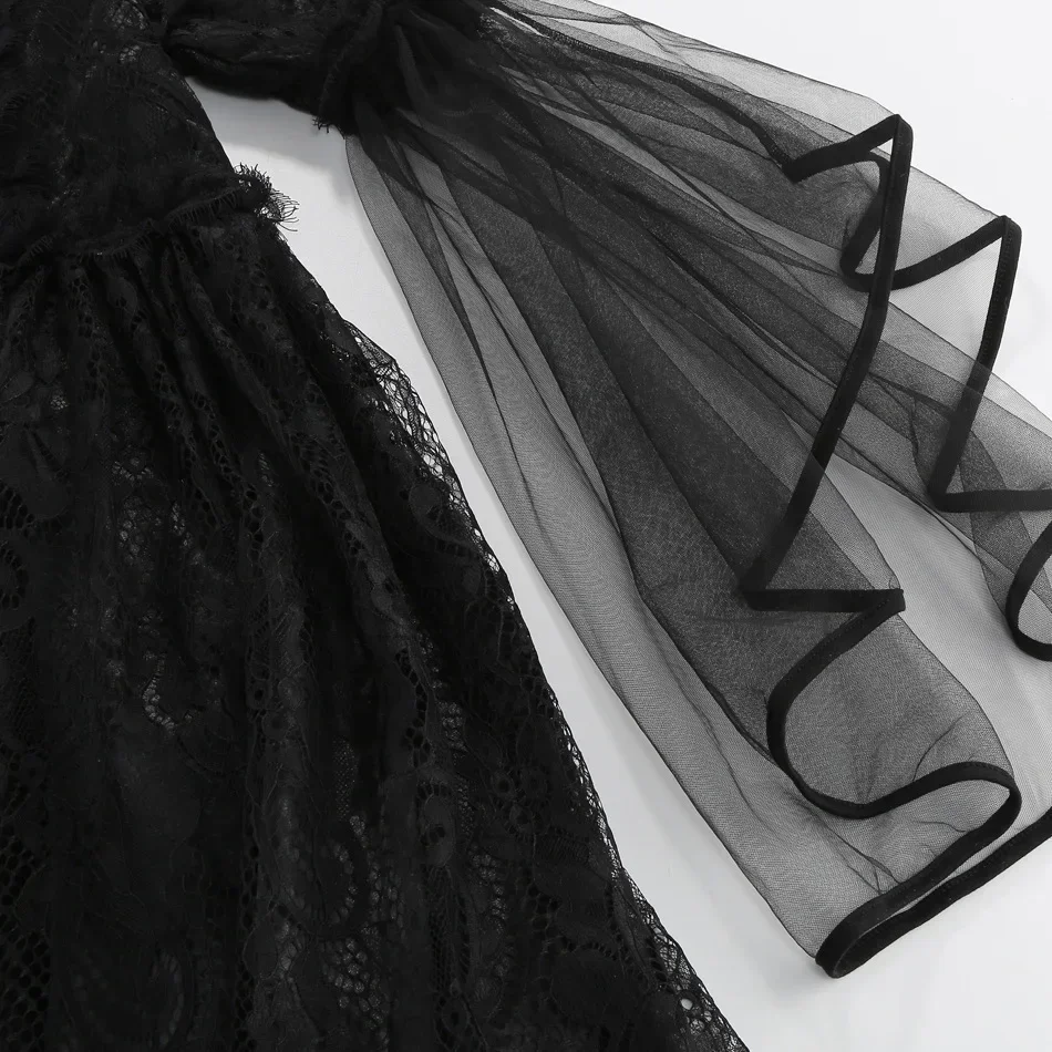 Vampir-Königin Cosplay-Kostüm Mittelalterliches Gotisches Schwarzes Kleid mit Spitzenstickerei Mädchen Halloween-Party Rollenspiel Ausgefallenes Outfit – Detail 8