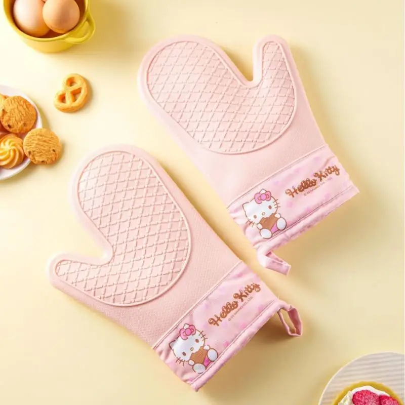 Kawaii Miniso Hello Kitty Cinnamoroll My Melody Kuromi Cartoon Genuine Silicone Thickened Insulated Oven Baking Gloves