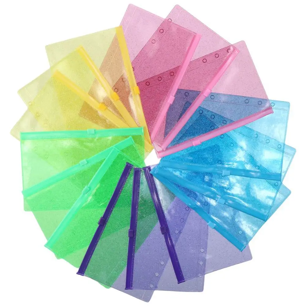 

15PCS Money Saving Glitter A6 Binder Pockets 5 Colors 6-Holes Bills Files Organizer PVC with Zipper Budget Binder