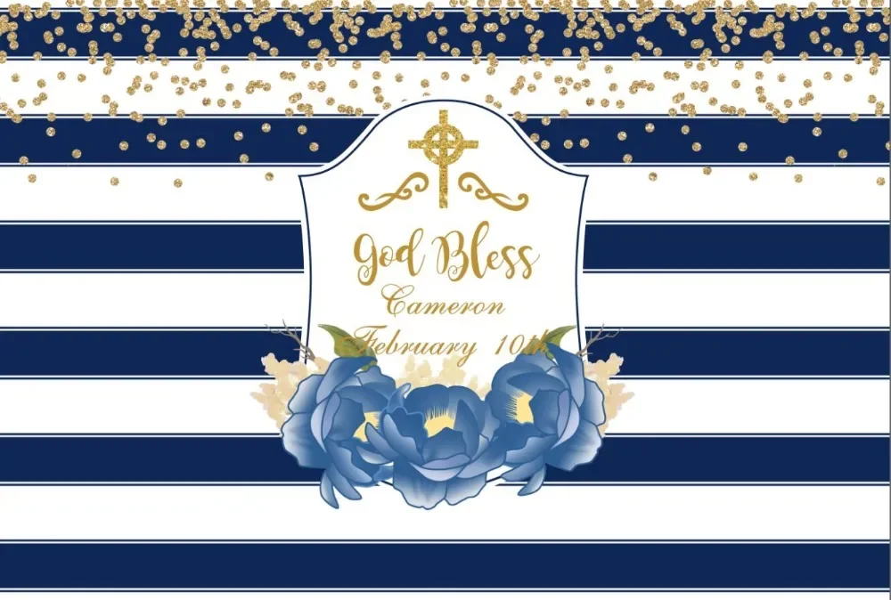 custom first communion blue and white striped gold polka dot background  High quality Computer print party photo backdrop