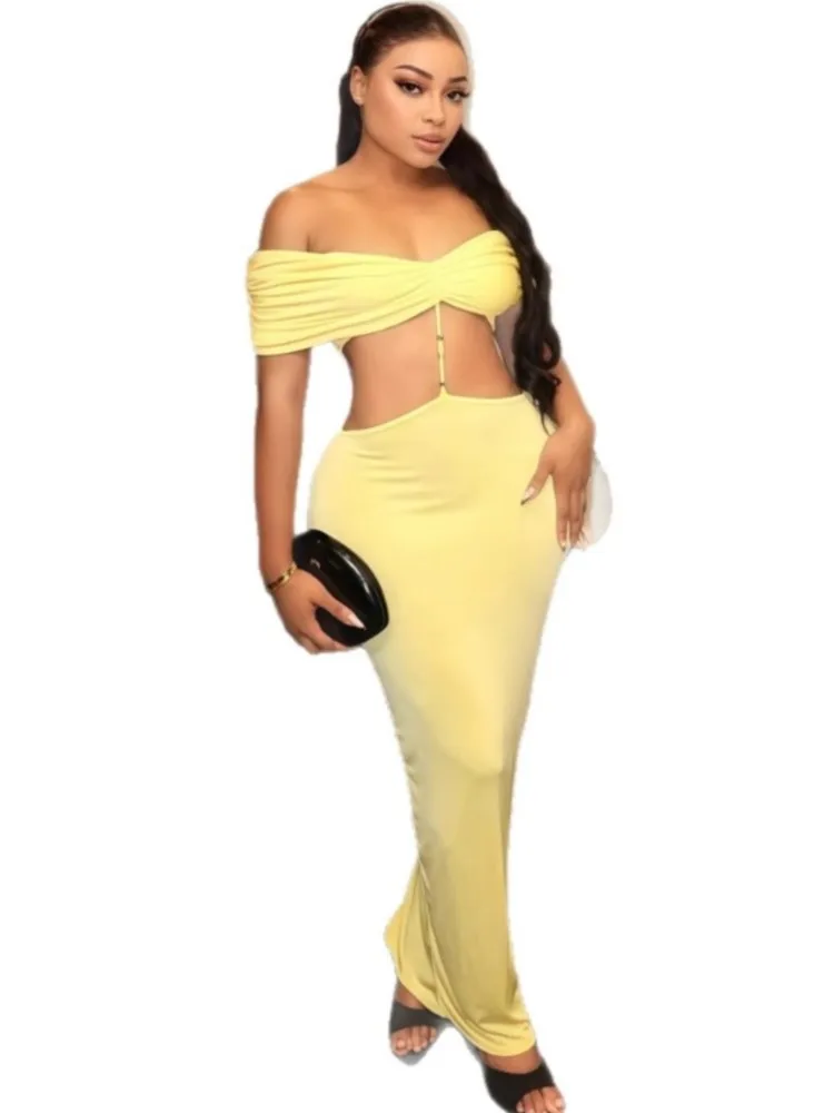 فستان بدون أكتاف للنساء خريفي بأكمام قصيرة بلون سادة فساتين مثيرة أنيقة للحفلات المسائية نحيفة قابلة للتمدد ماكسي Bodycon