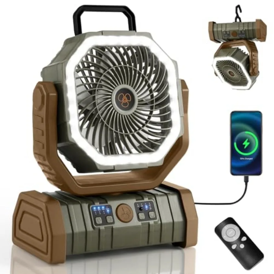30000mAh Camping Fan with LED Lantern, Rechargeable Battery Operated Oscillating with Remote Hook, Portable Tent Fan with Timer