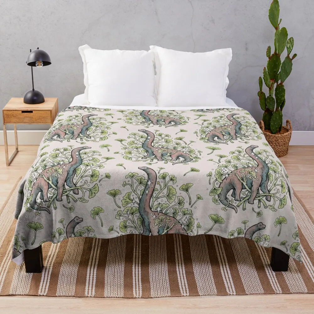 Brachio Ginkgo Calm Color Palette Dinosaur Botanical Art Throw Blanket Soft Blankets For Baby Blankets