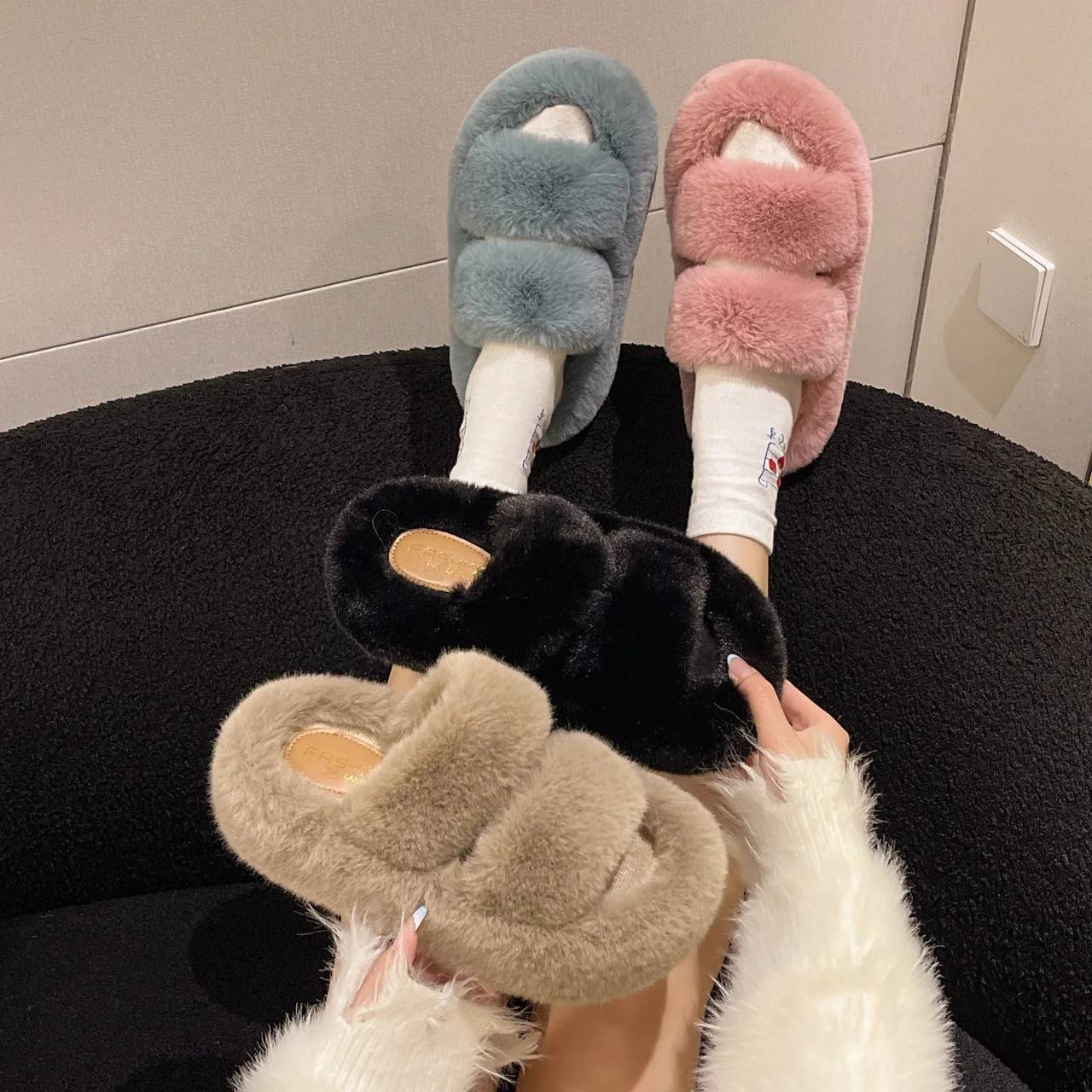 Flat Shoes Female Flock Rubber Rome Short Plush with Flock Shoes Slippers Flat Rome Rubber Short Plush