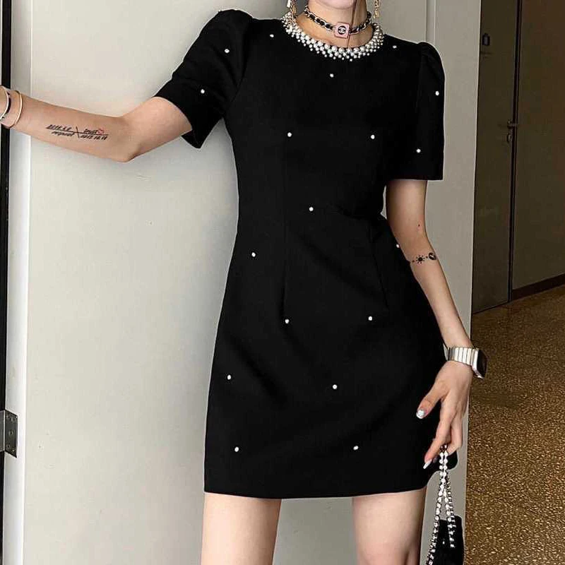 

French nail bead fashion women's clothing summer solid color round neck socialite style short skirt, rich dress