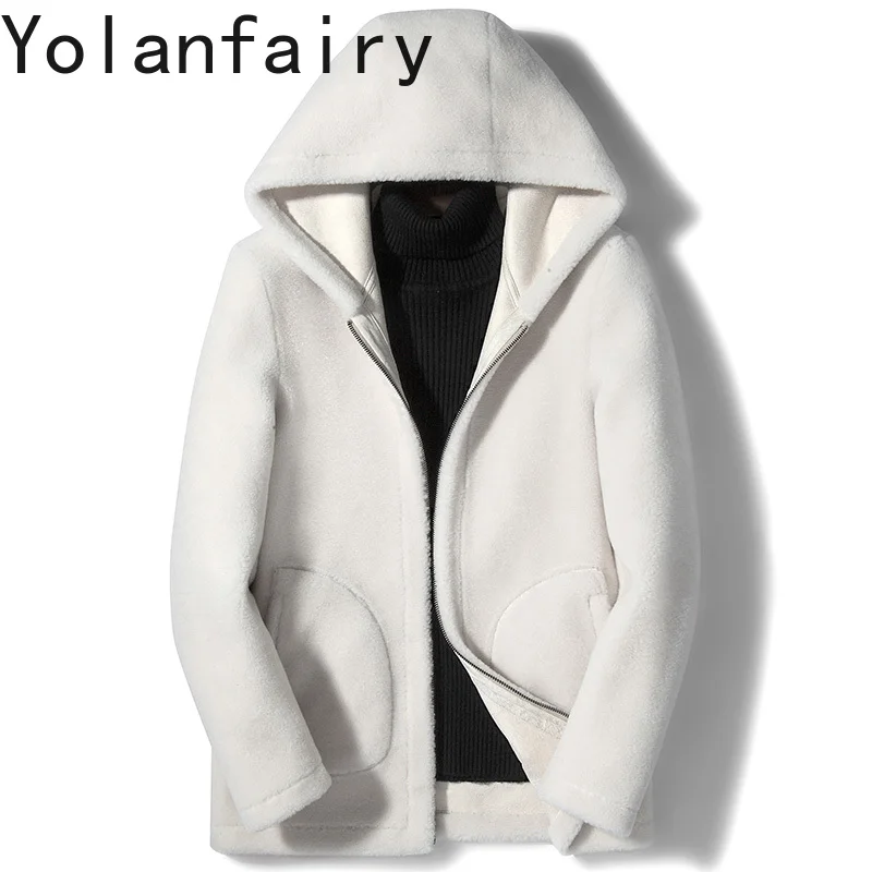 AYUNSUE 100% Wool Coats for Man Winter Hooded Granular Lamb Fleece Jacket Mid-length Men's Clothing Reversible Woolen Jackets