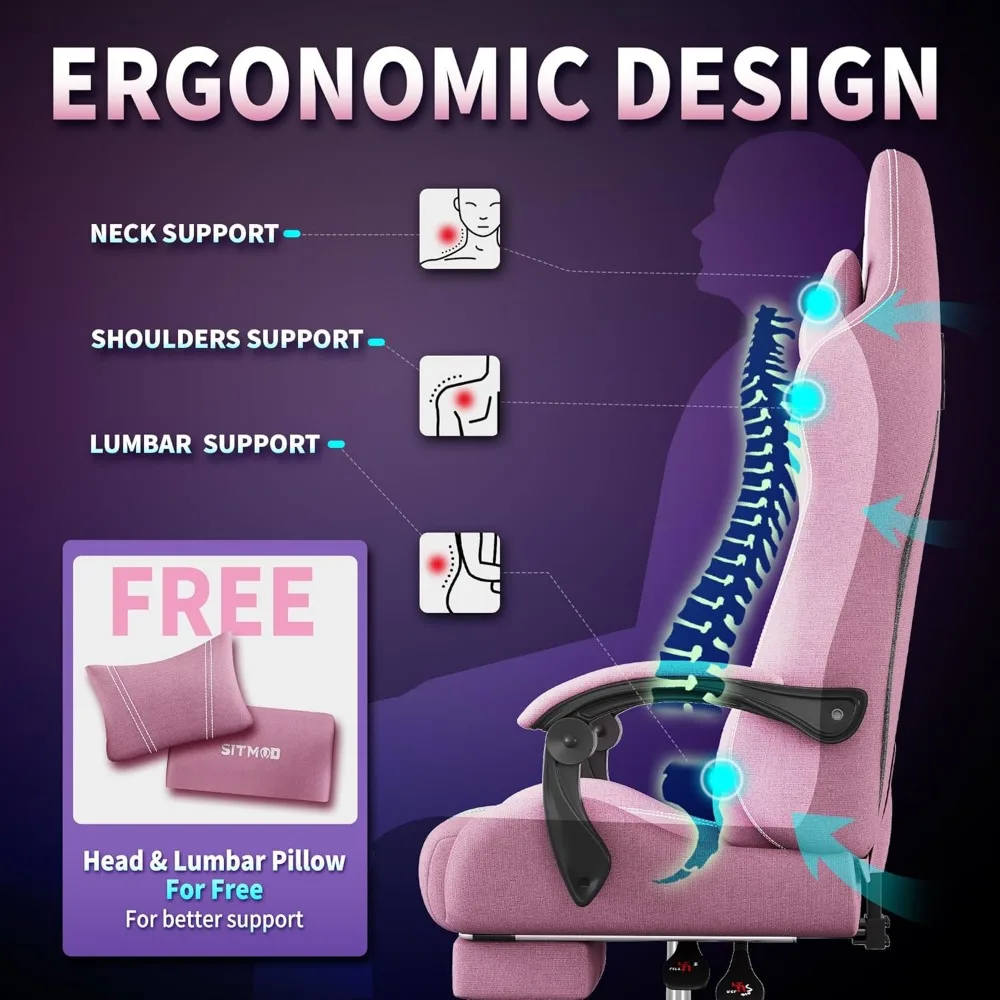 Cadeira ergonômica para jogos em tecido com apoio para os pés e apoio lombar para jogadores grandes e altos - Cadeira de computador respirável com apoio de cabeça