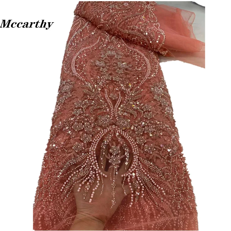 High Quality Red African French Handmade Beaded Lace Fabric 2024 Sewing Sequins Embroidery Nigeria Lace Fabric For Women Wedding