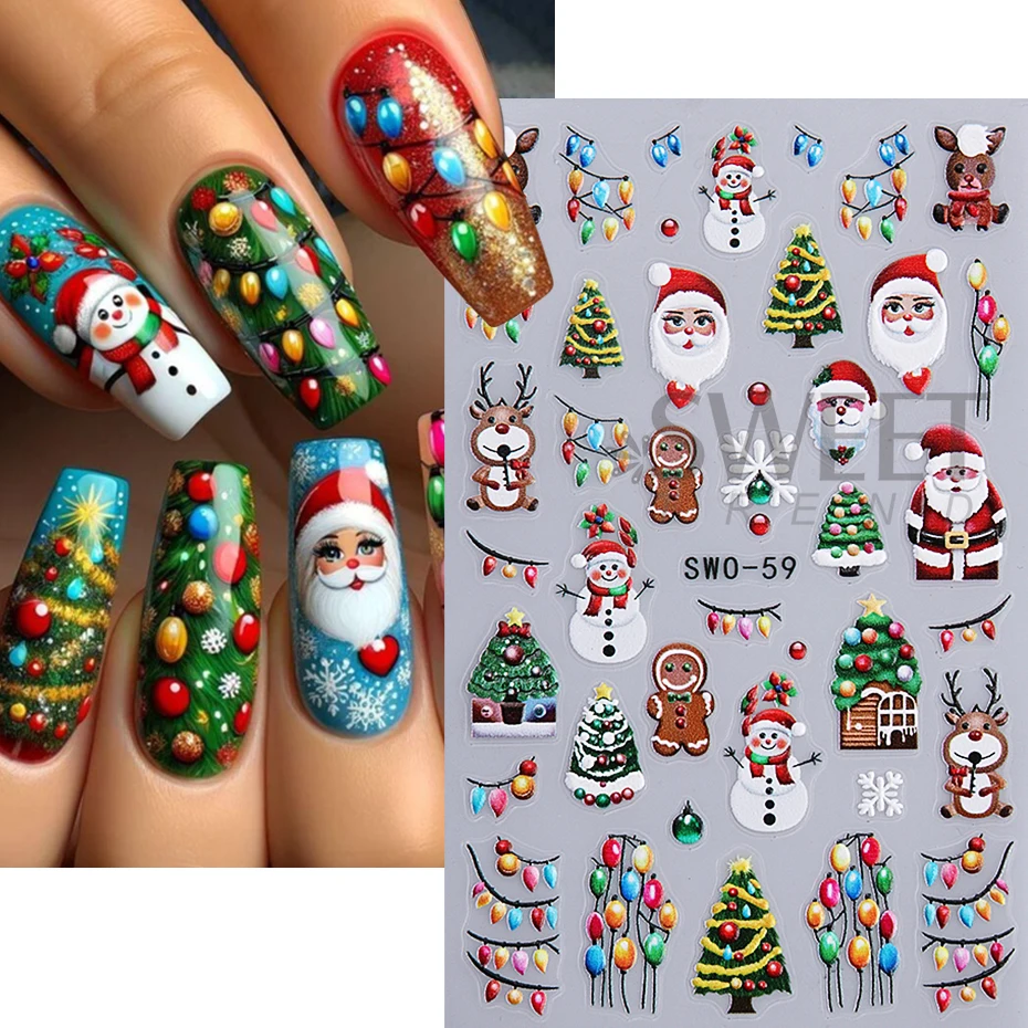 Pegatinas navideñas de dibujos animados para decoración de uñas, lámpara de neón de Papá Noel, hombre de jengibre, árbol, calcomanías autoadhesivas, muñeco de nieve, decoración de manicura DIY