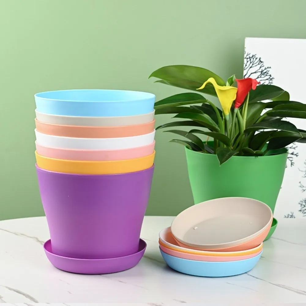 8pcs/set Cactus Pot Candy Color Flower Pot Round Thickened Plant Pot Plastic with Tray Potted