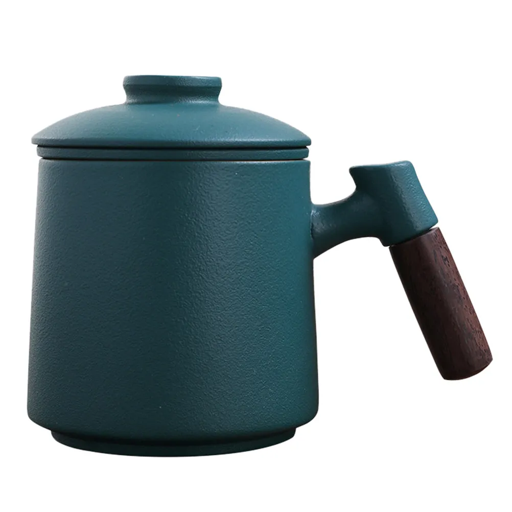 

1Set Ceramic Tea Mug Wood Handle Classic Appearance Tea Cup with Infuser Lid Retro Texture Easy Clean for Office Home Dorm