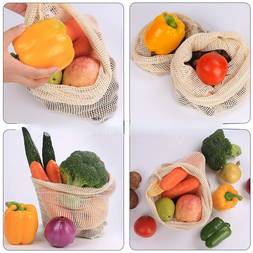 Reusable Cotton Mesh Produce Bags for Vegetable Fruit Food Kitchen Washable Grid Storage Bag Eco String bag Kitchen Organizer