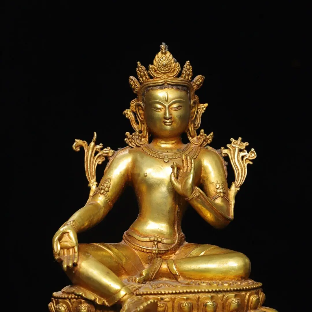 Large Tibetan Green Tara Statue Pure Copper Gold Plated Malla Dynasty Style Tantric Home Altar Figurine