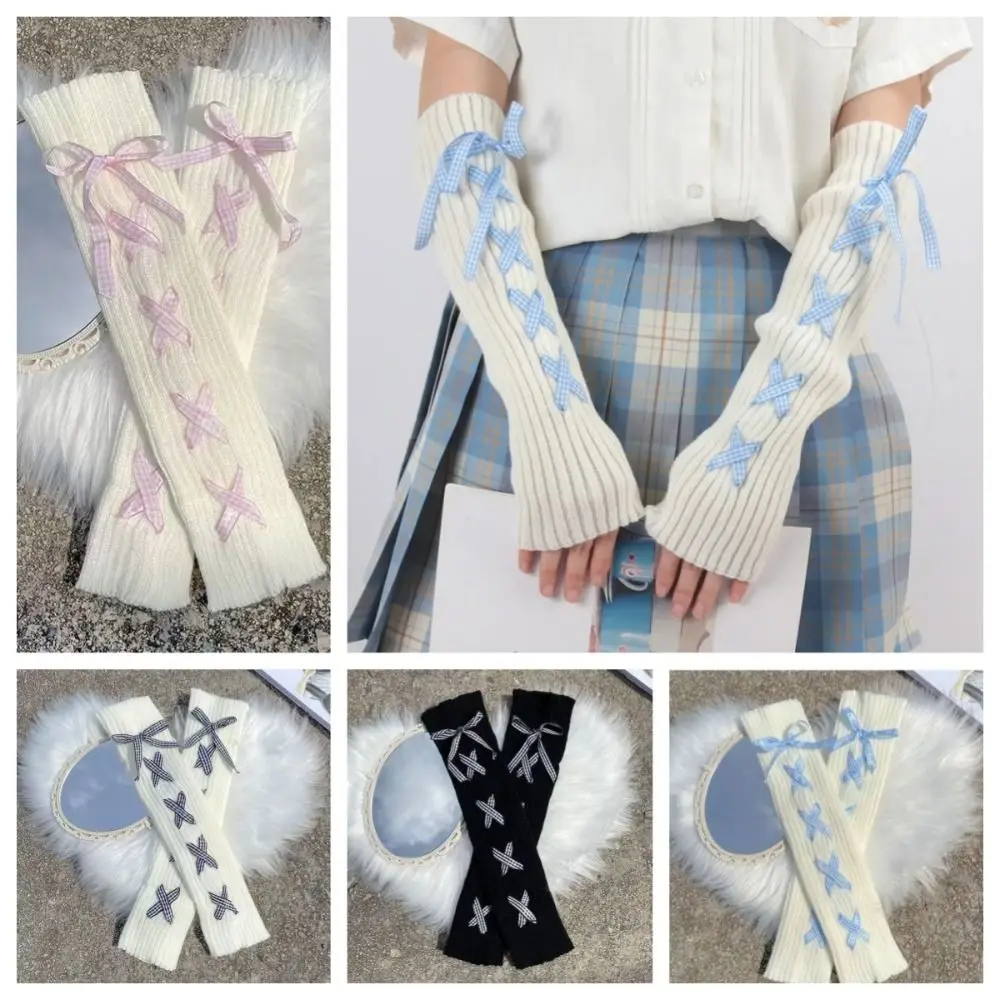 Trendy Women Autumn Winter Knit Arm Sleeves Japanese White Goth Kawaii Lolita Fingerless Gloves Harajuku Stockings Leg Warmers