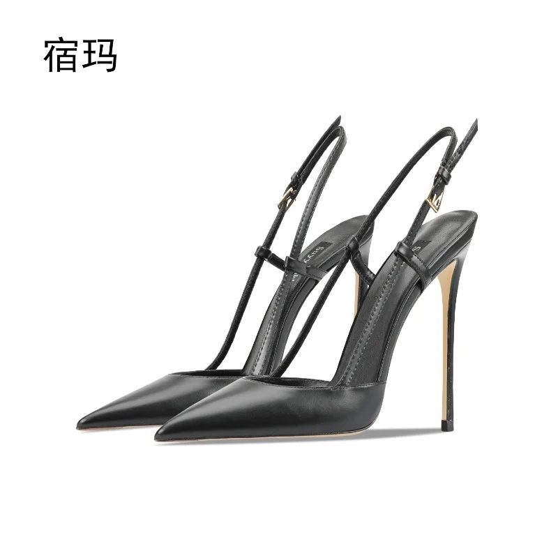 

Black leather edge buckle straight strap high heels 2025 new slim heel shallow mouth pointed commuting versatile sandals