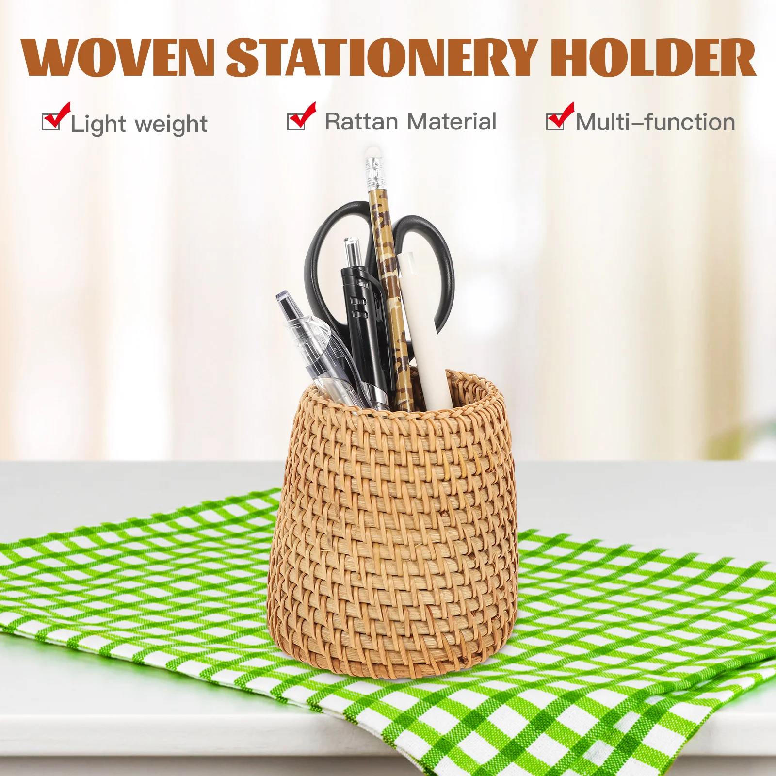 Storage Dresser Pen Holder Office Supply Makeup Brush Bucket Rattan Woven Desktop Table Decor