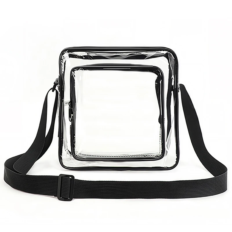 TINYAT Clear Men's Crossbody Bag PVC Double Pocket Travel Bag Adjustable Shoulder Straps Single Shoulder Bag for Daily Commuting