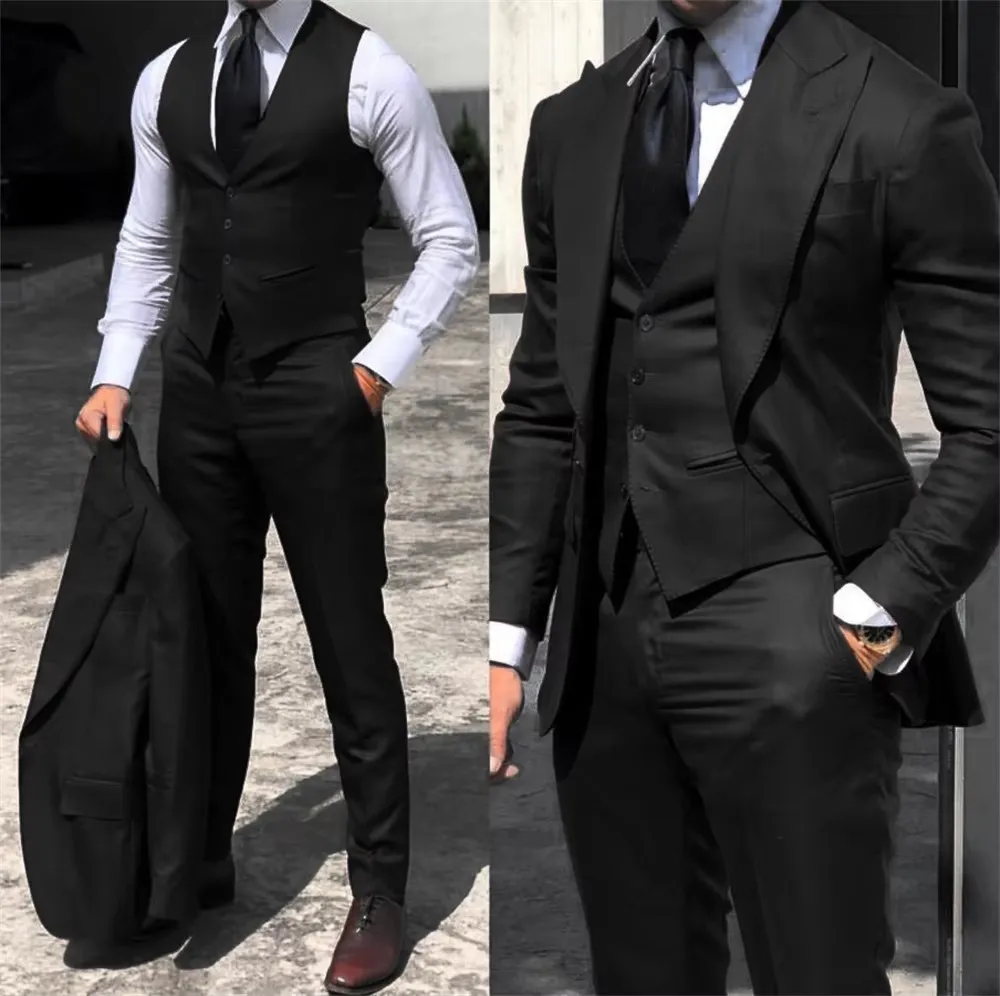 

Fashion New Men's Formal Business/Wedding Groom Suits Solid 3 Pieces Men Suits Peak Lapel Single Breasted Blazer Vest Trousers