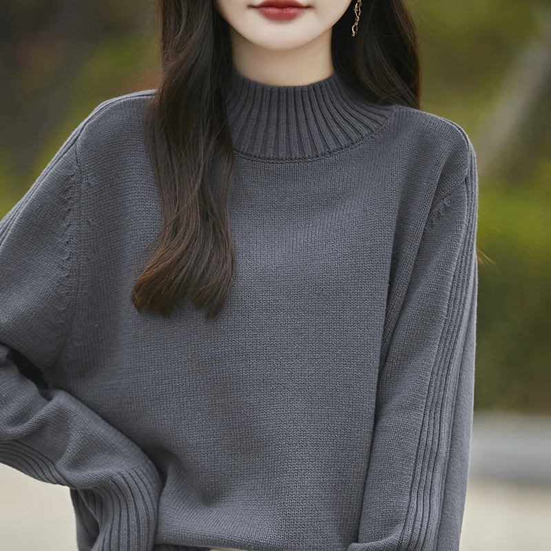 

New Women 100% Pure Cotton Pullover Half height Neck Long Sleeve Plane Thick style High Quality Knitted Fashion Loose Sweater