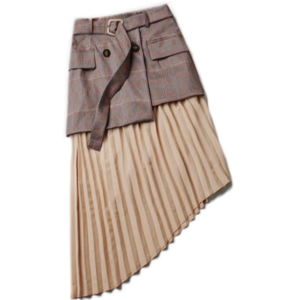 

women's casual fashion pleated stitching aline plaid skirt belt pocket irregular high waist skirt