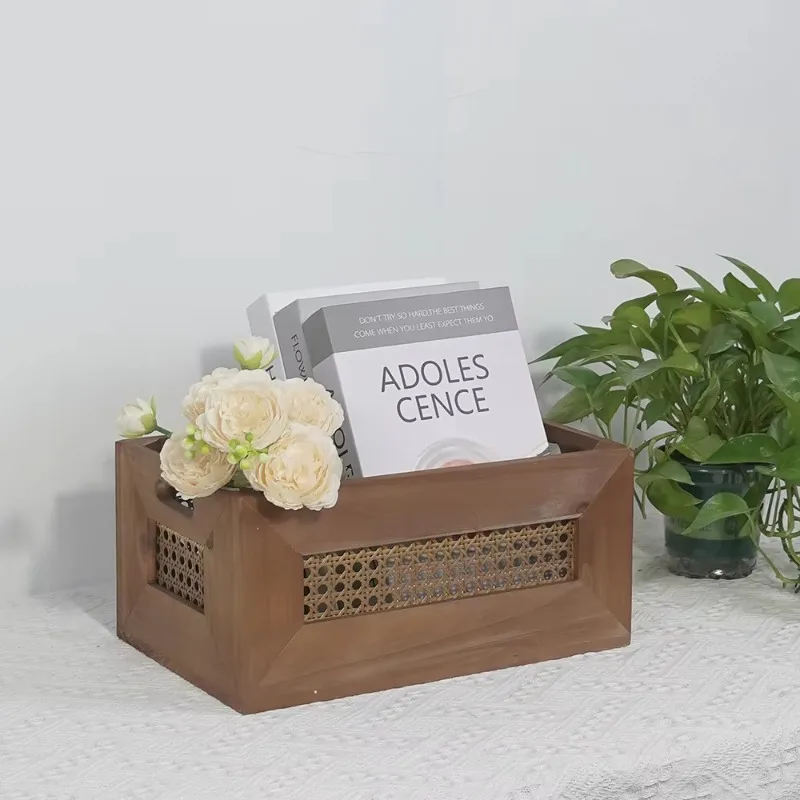 

Vine Woven Solid Wood Storage Basket Desktop Organizer for Snacks Cosmetics Miscellaneous Items Home Storage & Organization