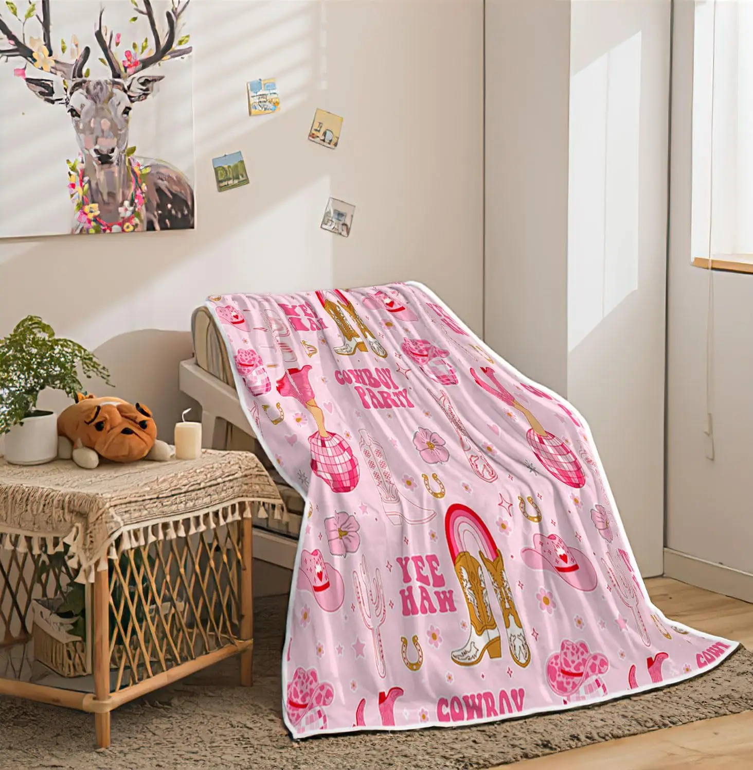 Light Pink Cowgirl Boot Hat Rainbow Horseshoe Flower Flannel Throw Blanket Soft Warm Cover Sofa Bed Western Girl Bedroom Decor