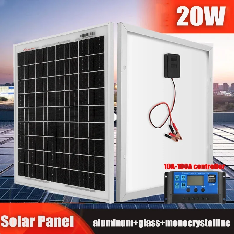 20W Solar Panel 18V Portable Solar Cell 100A Controller Photovoltaic Power Generation System for Outdoor RV Ship Home Camping