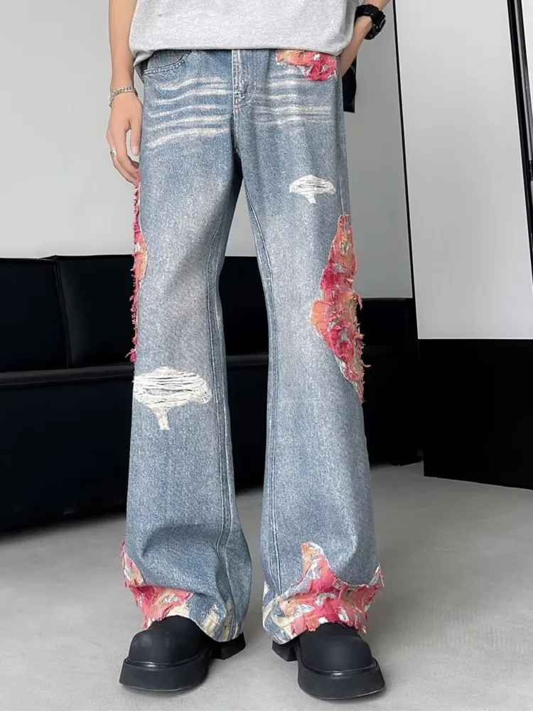 Women's Jeans High Street Sunset Lace Splicing High-rise Jeans Women's Micro-flared Pants Printed Straight Casual Trousers