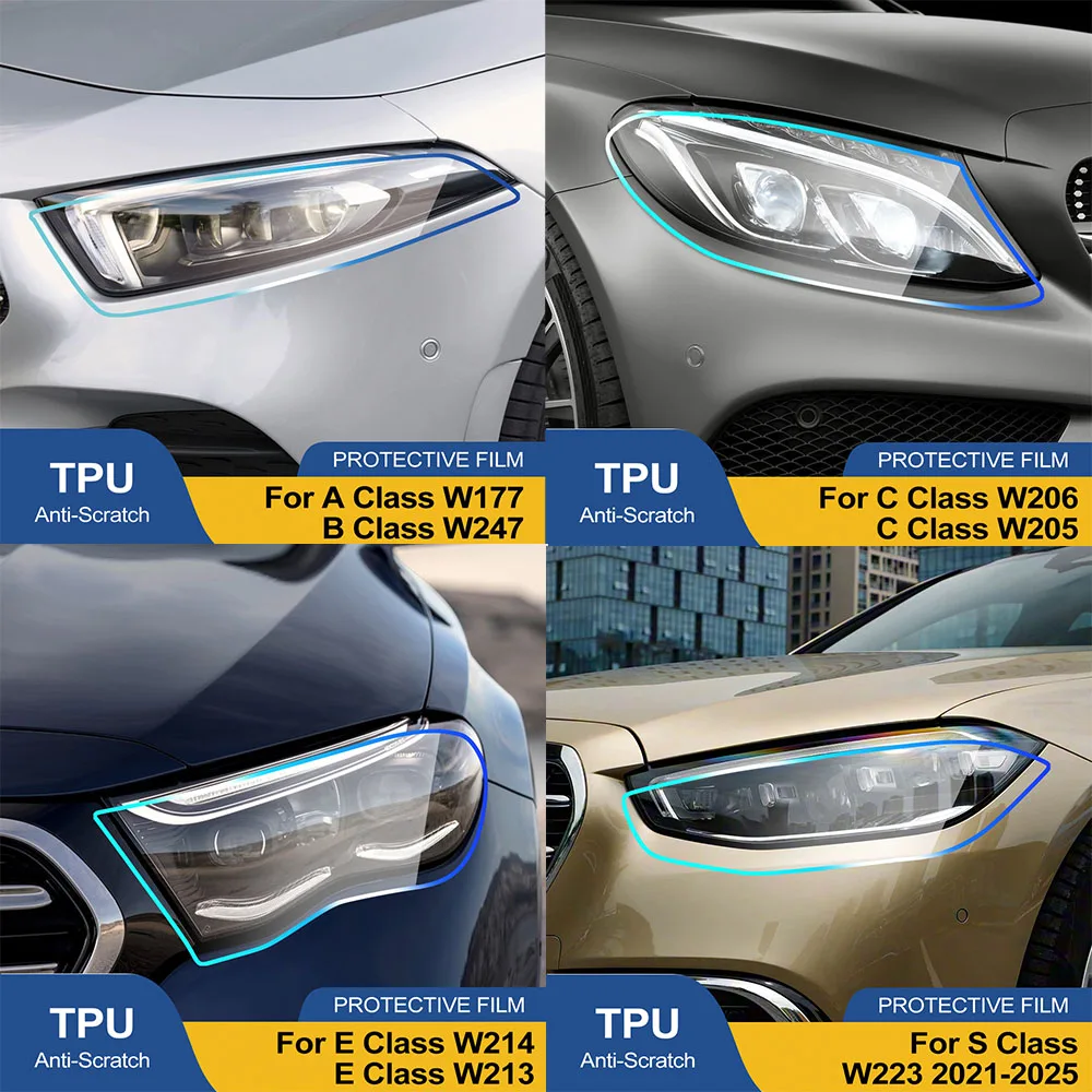 

Защитная пленка из ТПУ для фар Mercedes-Benz A/B/C/E/S-класса, дымчато-черная, глянцевая, предварительно вырезанная, антицарапийная, виниловая, комплект для оклейки