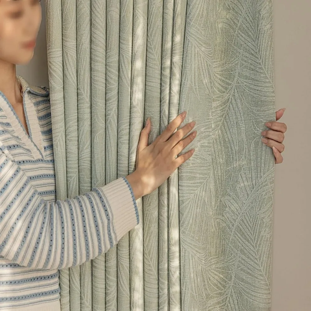 Blackout Curtains 106 Inch, Dining Room Darkening Panels, Light Green Leaves Jacquard Design, 2 Piece Grommet Set