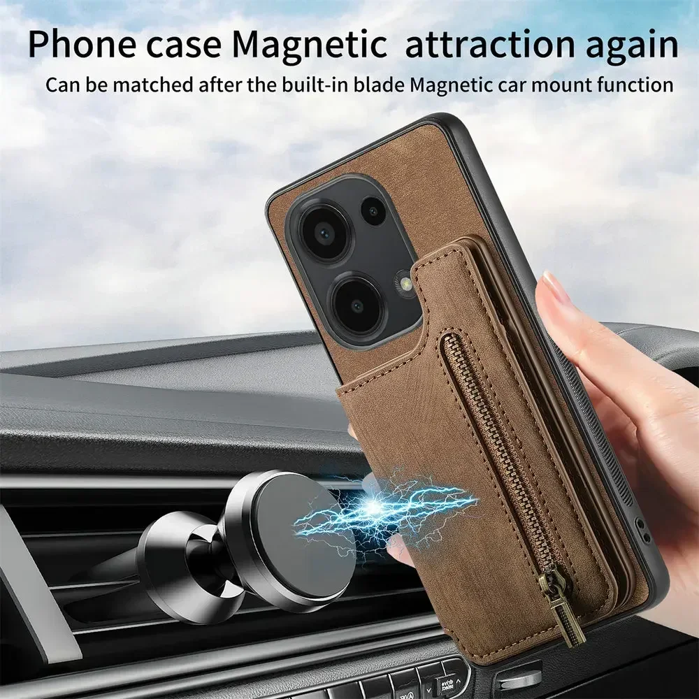 Etui skórzane z zamkiem błyskawicznym i magnetycznym portfelem do Xiaomi Poco F9 Ultra F8 F7 X6 X7 X8 Pro Max 5G, pokrowiec Poco F9 M8 F6 X 7 F 9 ProCard — zdjęcie produktu 5