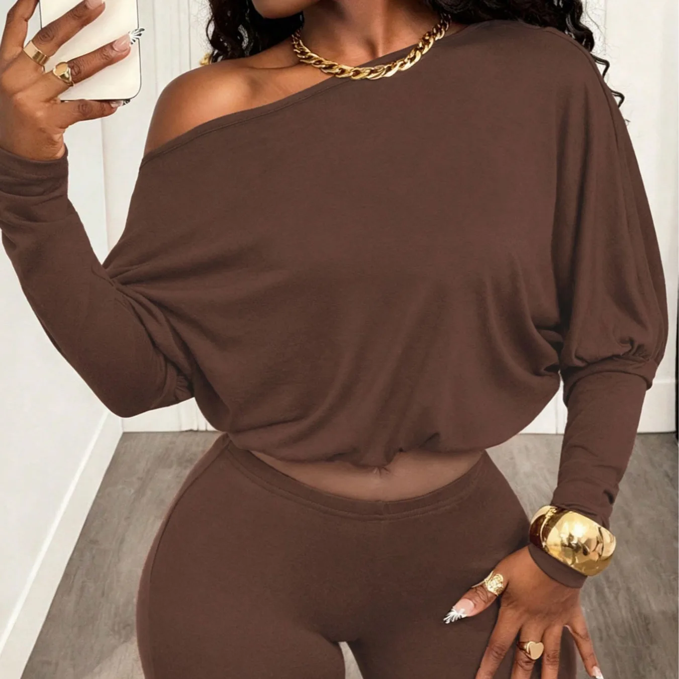 Joskaa Women Sporty 2 Piece Set Casual Solid Off Shoulder Batwing Long Sleeve Crop Top+Capri Pants Matching Streetwear Tracksuit