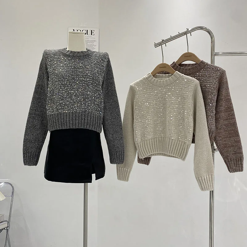 Miiiix moda coreana 2024 autunno/inverno dolce girocollo Pullover età riduzione stile Versatile paillettes maglione lavorato a maglia corto