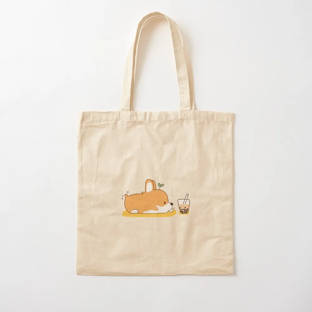 Corgi and Bubble Tea Tote Bag ecological bags Women's shopper bag Fabric bag Canvas Tote