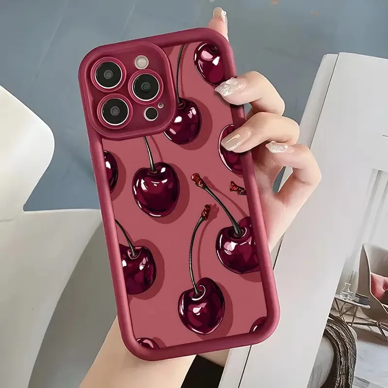 Luxury Wine Red Cherry Print Phone Case For Samsung Galaxy A17 A07 A06 A26 A16 A06 A35 A55 A25 A15 A54 A34 A36 A24 4G 5G Cover