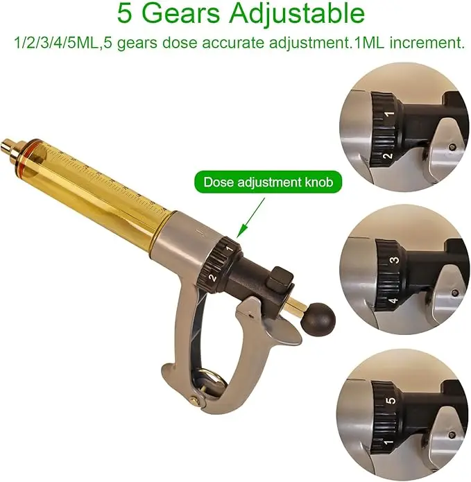 50ML Semi Automatic Livestock Syringe, 5 Gears Adjustable Continuous Repeating Luer Lock Syringe for Farm Ranch Cattle Cow Horse