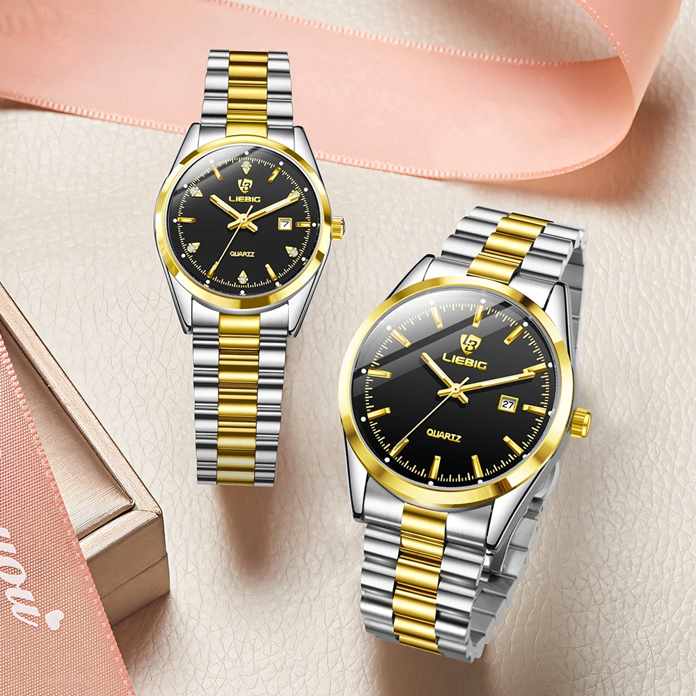 liebig-l8007-高級クォーツ腕時計女性男性カップル-3atm-防水ファッションビジネス時計時計ステンレス鋼ストラップ
