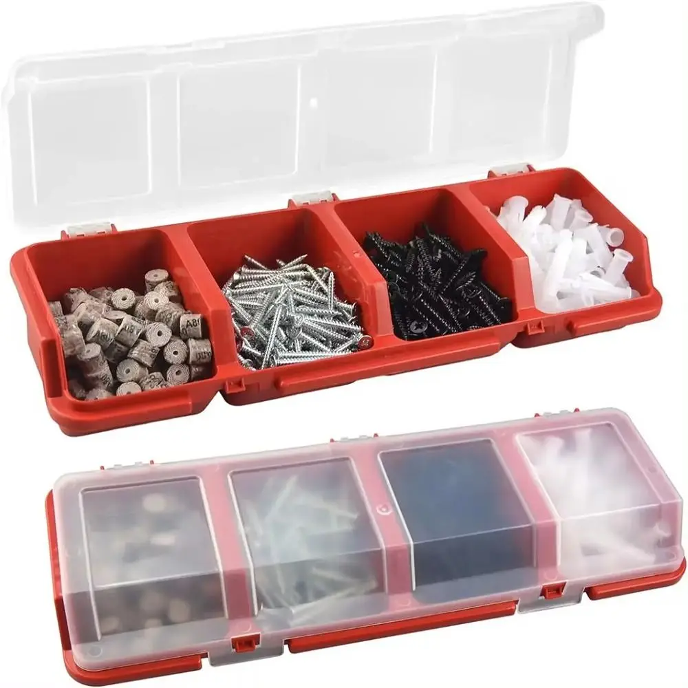 Plastic Blue Red Parts Storage Box Screw Organizer Box 4 Compartments Clear Lids Tool Part Container Bin Display Storage Case