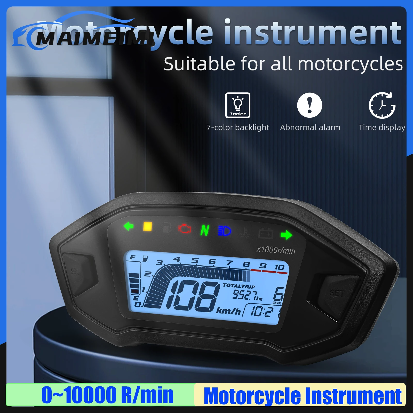 10000RPM Universal Motorcycle 7Color LED Speedometer Digital Motor Instrument Panel Odemeter Tachometer For  2 4 Cylinder Custom