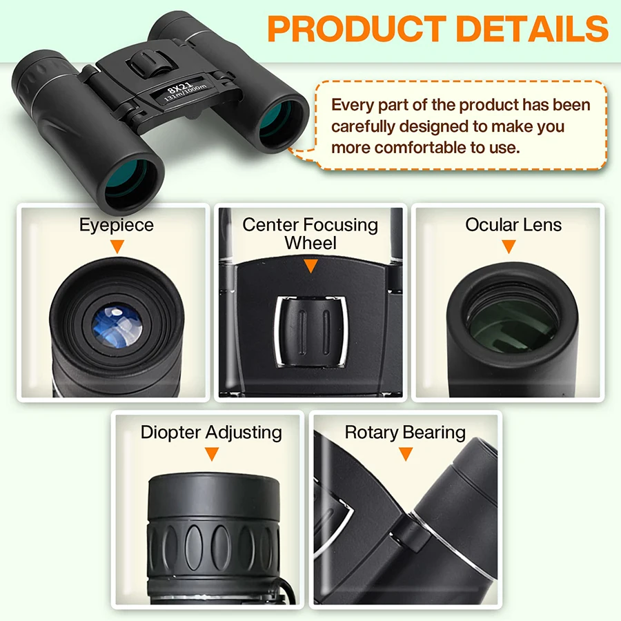 Binoculars 8x21 HD Imaging Adjustable Zoom Pocket Designed for Travel, Hiking, Birdwatching and Concerts